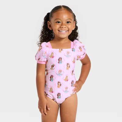 Toddler Girls' Disney Princess Puff Sleeve One Piece Swimsuit - Light Pink 3T | Target