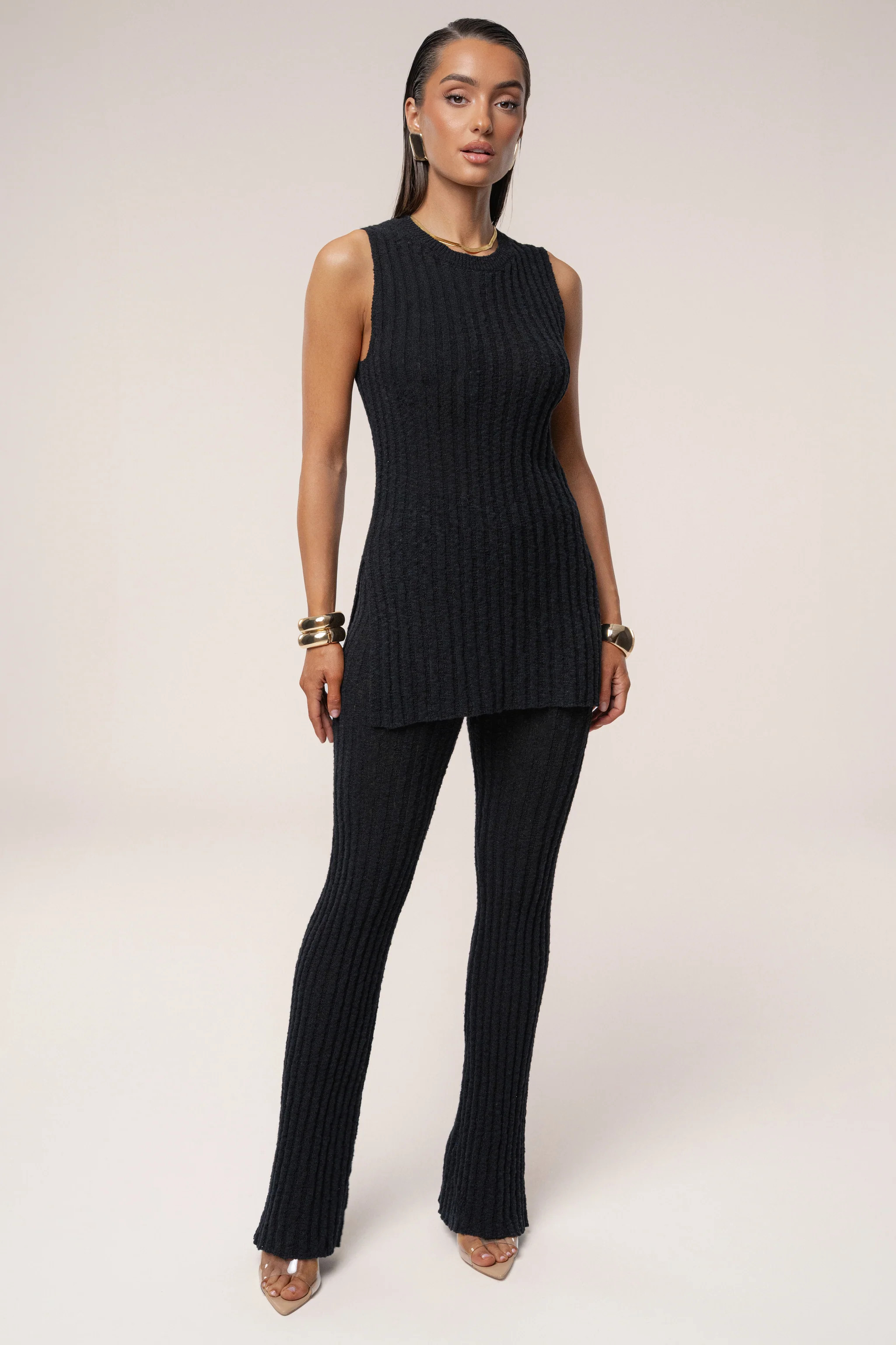 Black Lanah Knit Flare Pants | JLUXLABEL