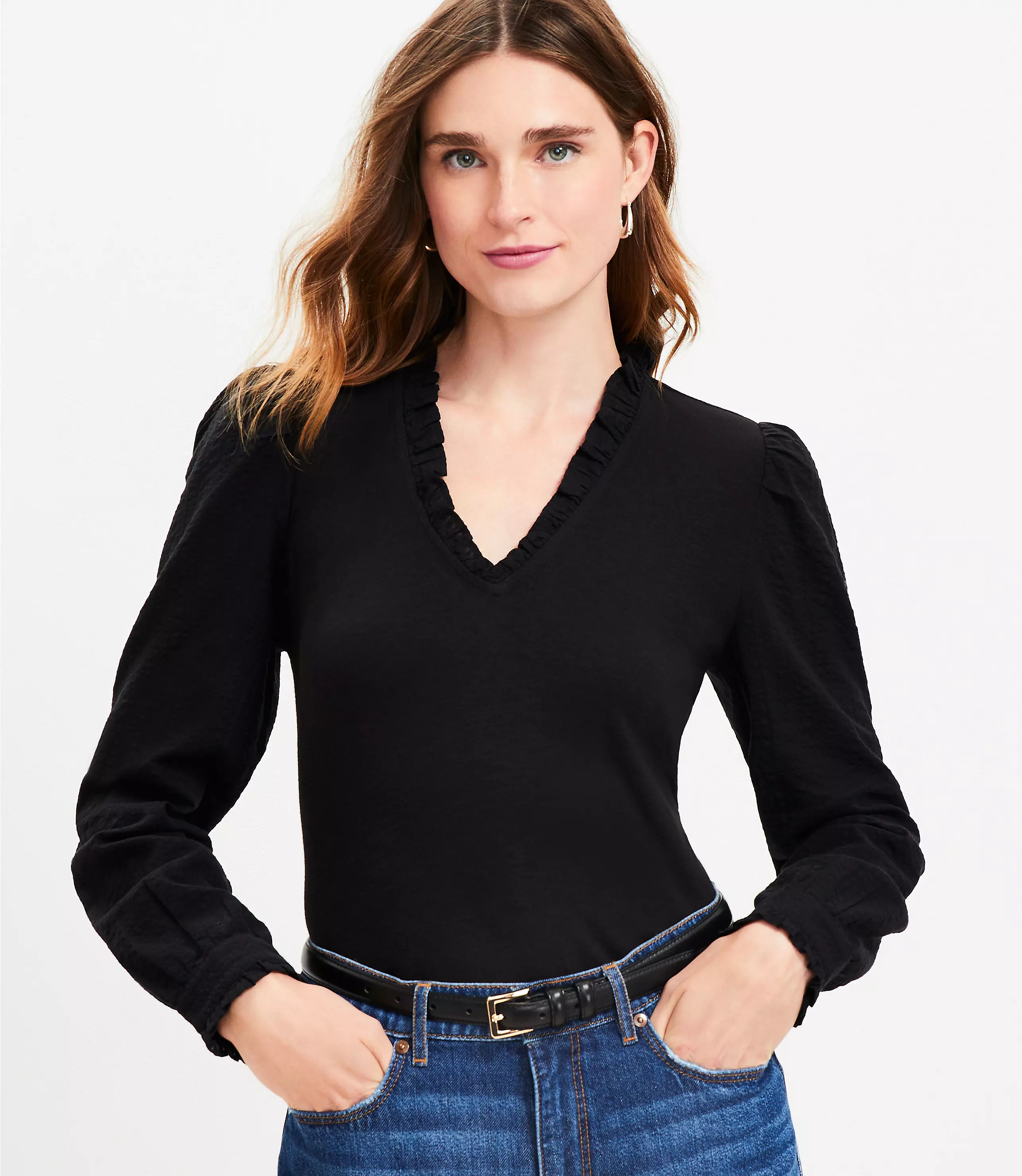 Ruffle Trim V-Neck Mixed Media Top | LOFT