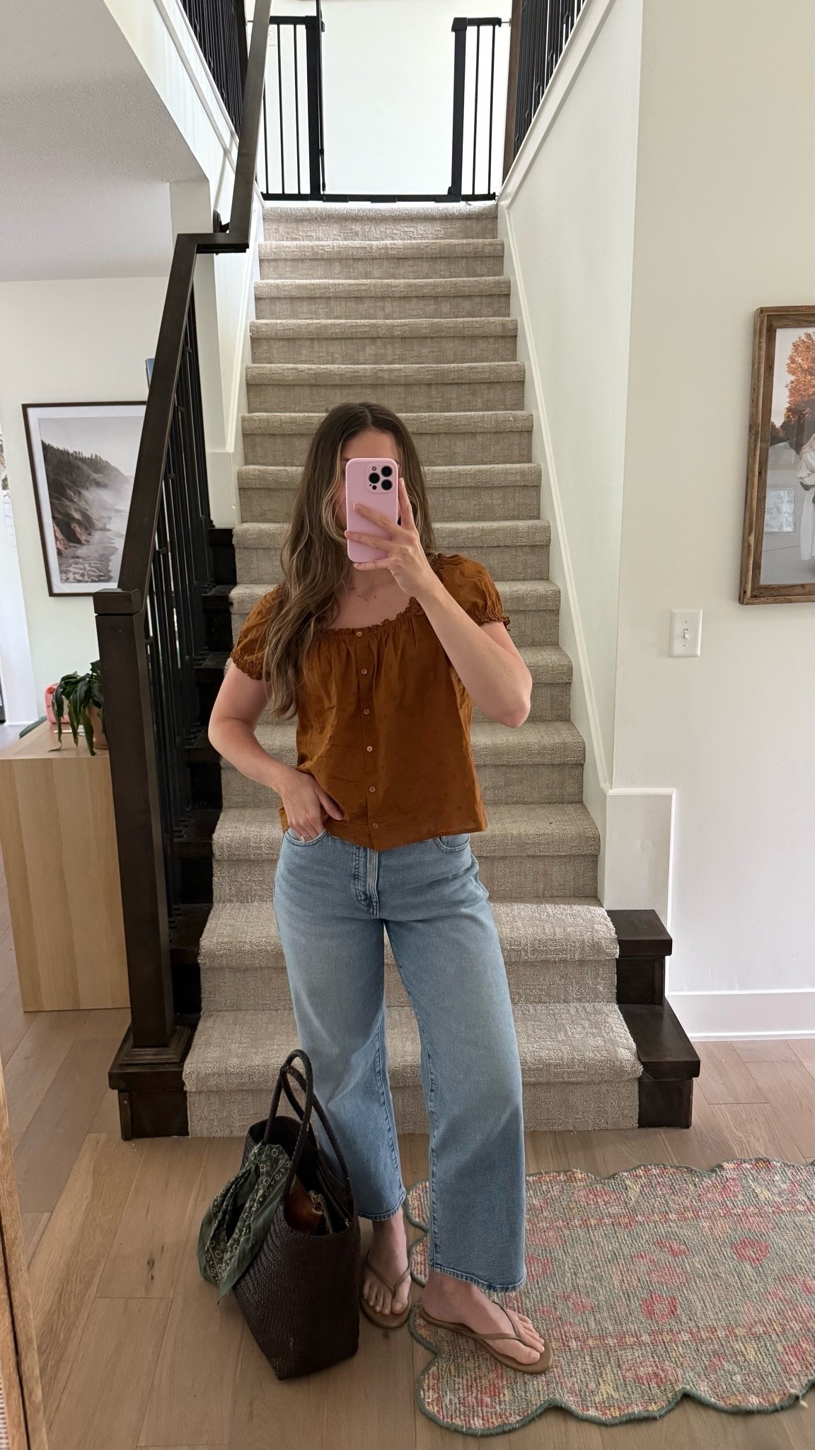 summer outfit with fall touches! wearing a small in top, love everything about it, also comes in a few colors! Jeans are some of my favorite for years pre pregnancy and just got them in a bigger size postpartum, wearing a 28!

Summer outfit, early fall outfit

#LTKootd