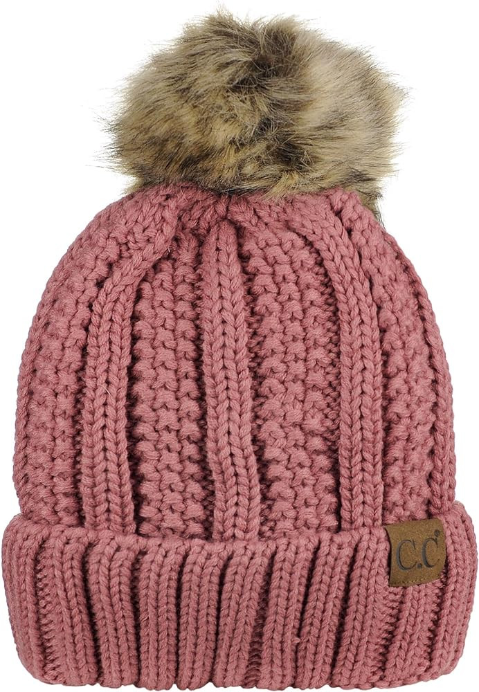 C.C Thick Cable Knit Faux Fuzzy Fur Pom Fleece Lined Skull Cap Cuff Beanie | Amazon (US)