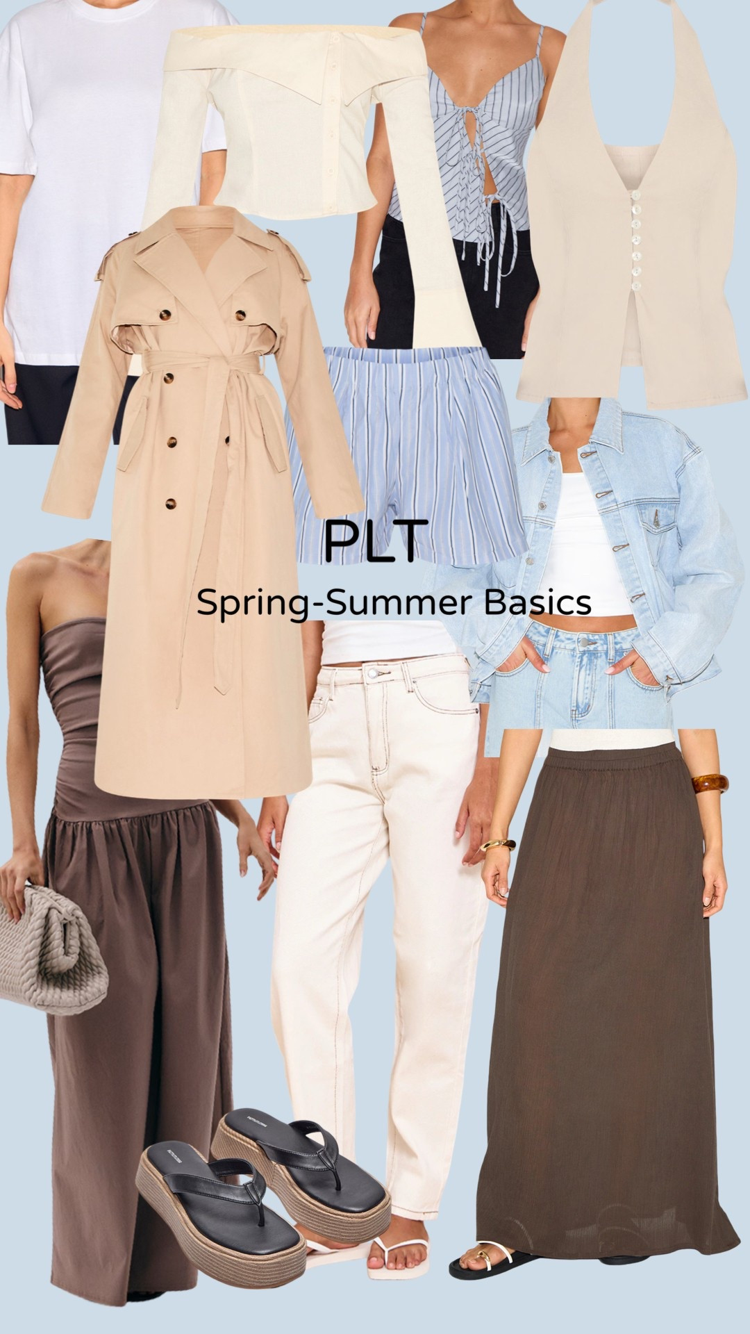 Basics trending this season! Spring to summer. Day to evening 
Trench Thong Sandals 
Chocolate brown maxi dress and skirt 
Oversized white tee
Khaki denim
Summer vest
Tie front tank 
Boxer shorts
Oversized denim jacket 

#LTKSeasonal #LTKFestival #LTKSaleAlert
