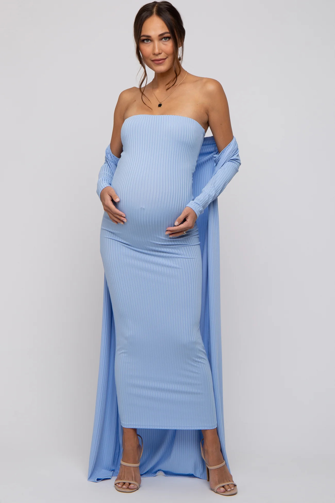Light Blue Ribbed Sleeveless Dress Cardigan Maternity Set | PinkBlush Maternity