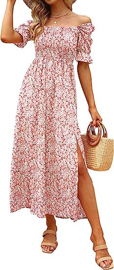 Zuimoaes Women's Summer Bohemian Floral Smocked Square Neck Puff Sleeve Casual Split Beach Vacati... | Amazon (US)