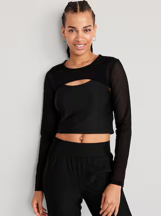 PowerSoft 2-in-1 Mesh-Sleeve Cropped Top for Women | Old Navy (US)