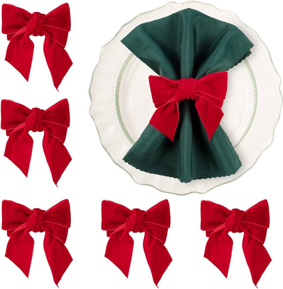Christmas Napkin Rings- Red Bow Xmas Napkin Holder Rings Chic Velvet Napkin Buckle for Holiday Bi... | Amazon (US)