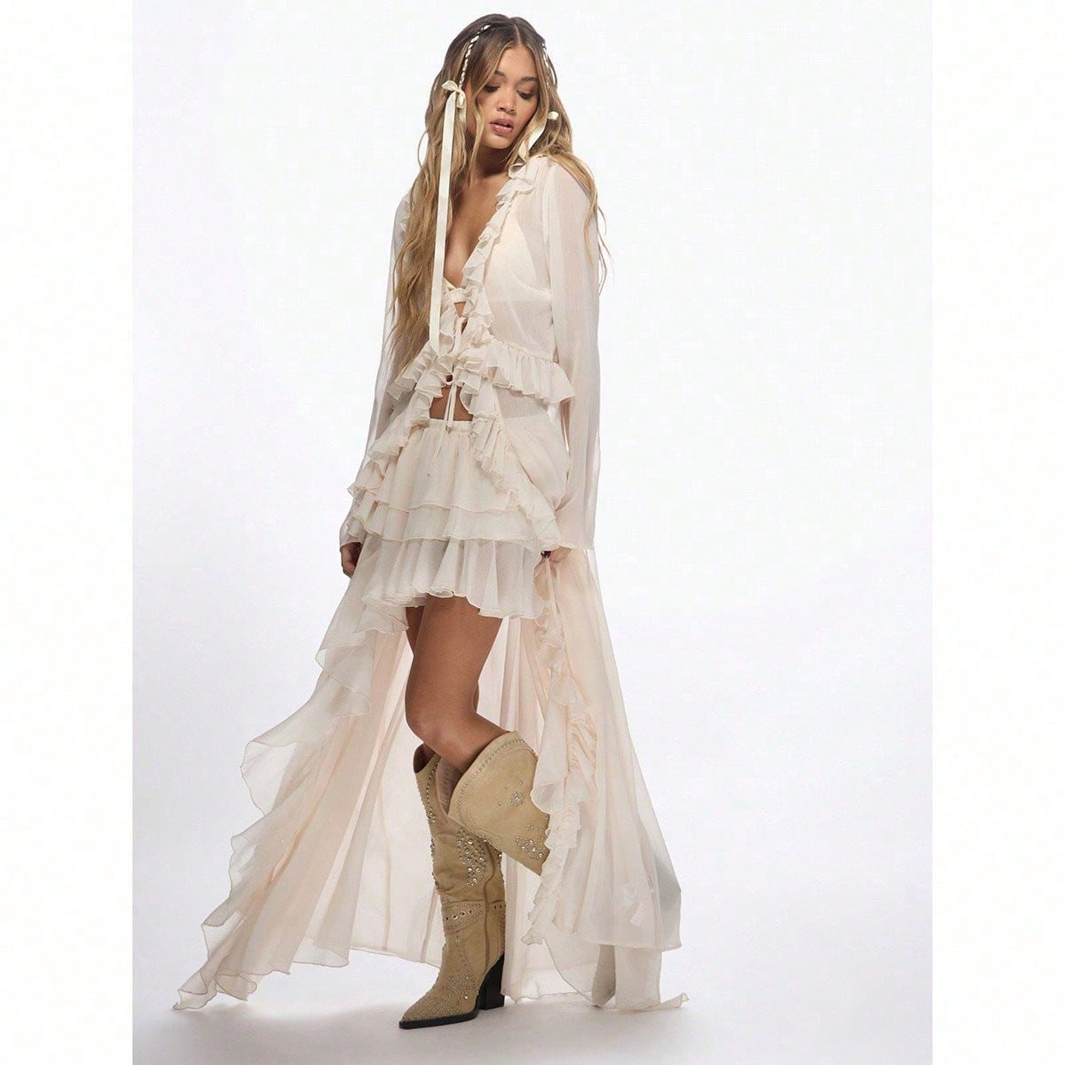 MISSGUIDED Ruffle Chiffon Blouse Long Sleeve Tie Front Crop Top Western Boho Festival Style Party Beach Wedding Guest Summer Spring | SHEIN