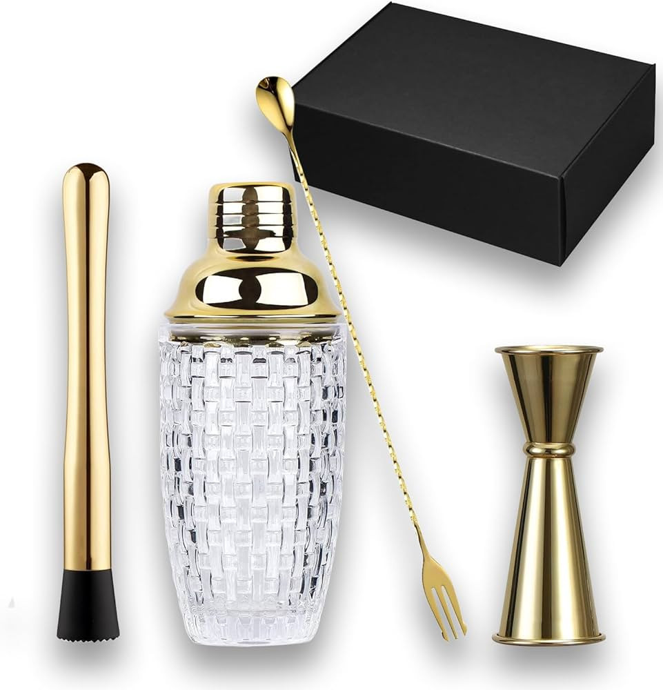 Gold Cocktail Shaker Set- Includes Measuring Jigger, Mixing Spoon, and Muddler - Perfect for Home... | Amazon (US)