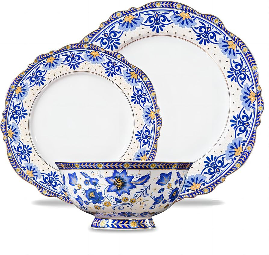 ACMLIFE 12-Piece Bone China Dinnerware Set, Blue and White Vintage Floral Dinnerware Set Service ... | Amazon (US)
