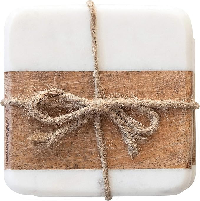 Creative Co-Op Marble & Acacia Wood, White & Natural, Set of 4 Coaster, 4" | Amazon (US)