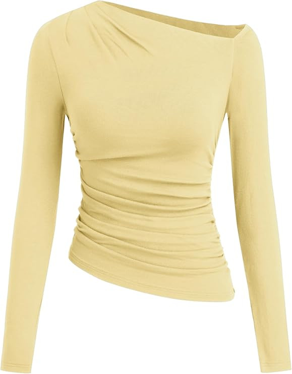 CIDER Off The Shoulder Tops for Women Long Sleeve Shirts Asymmetrical Neck Ruched Going Out Tops ... | Amazon (US)