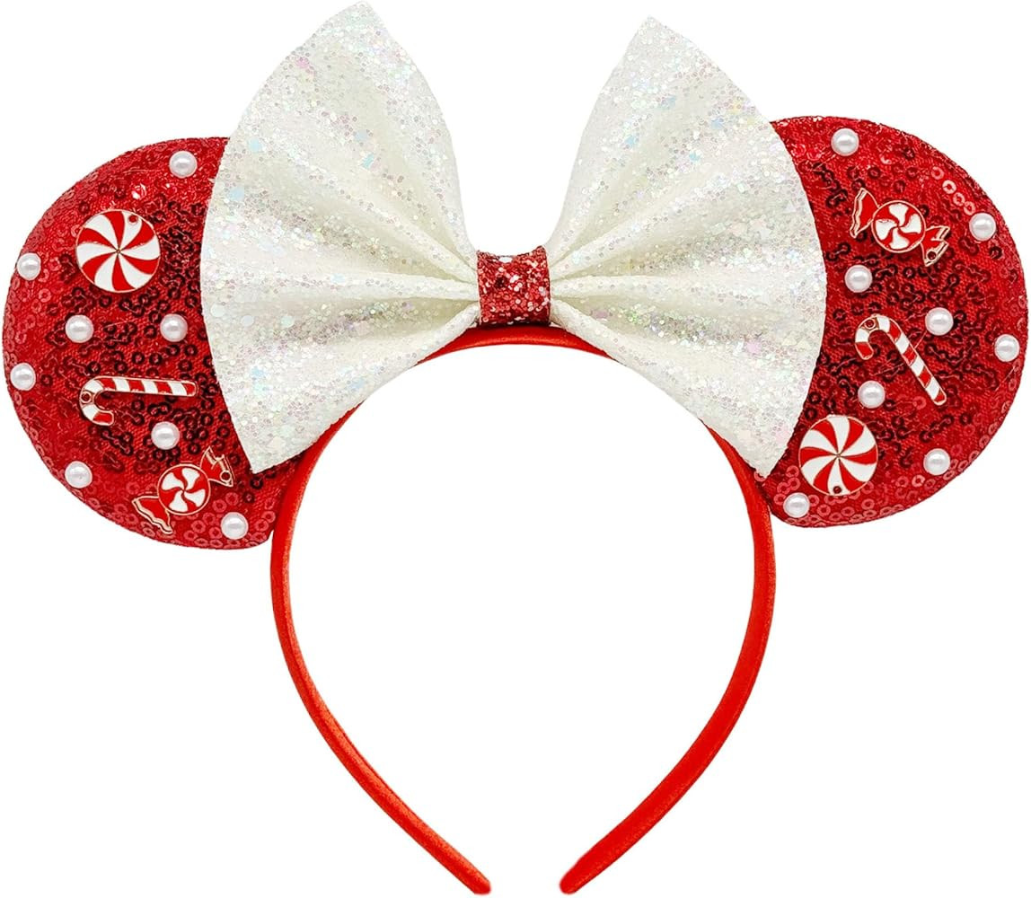 Christmas Mouse Ears Headband With White Sequin Bow, Pearl, Swirl Candy Decorations, Glitter Part... | Amazon (US)
