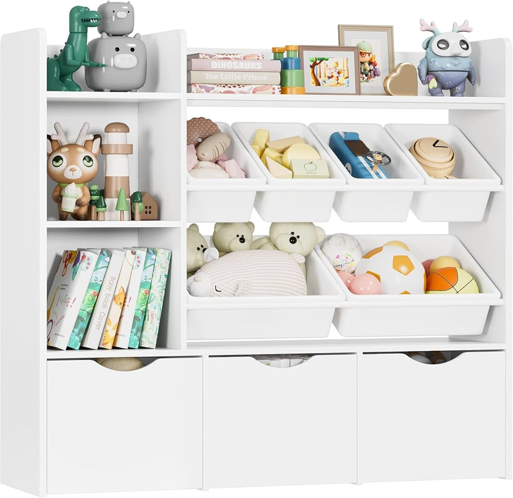 Toy Storage Organizer with 3 Movable Drawers, Bookshelf and Bookcase with 6 Plastic Bins & 2 Stor... | Amazon (US)