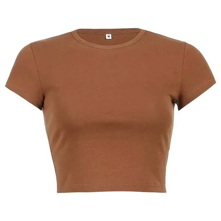 Brown Womens Tops Women s Round Neck Summer Solid Color Short T Shirt Shirts for Women | Walmart (US)