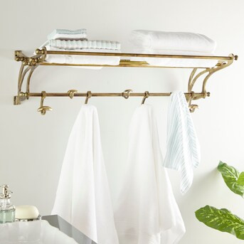 Grayson Lane 42.38-in L x 17.75-in D x 12.25-in H Gold Vintage Inspired with Towel Hooks Rectangular Floating Shelf | Lowe's