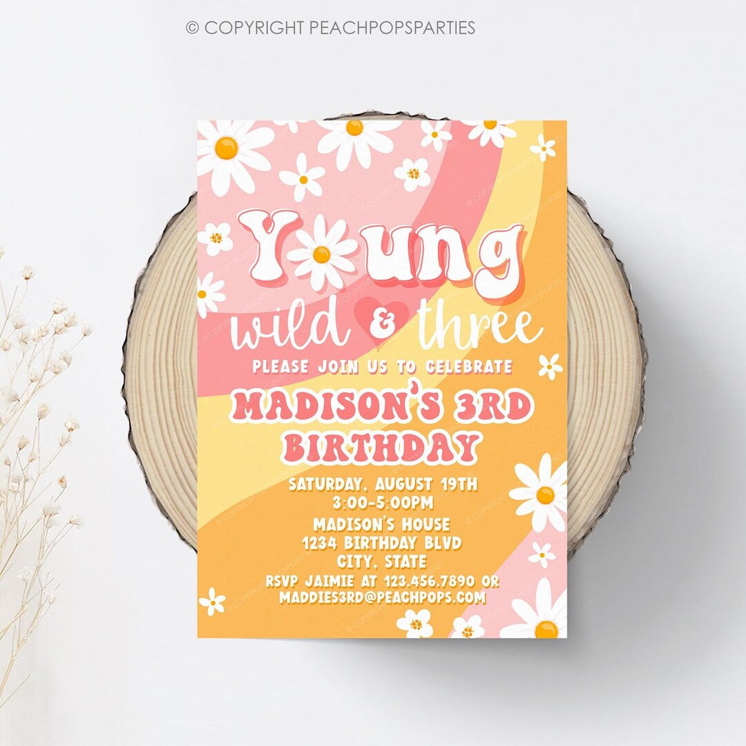 Editable Daisy Birthday Invitation Boho Young Wild Three Party Invite 3rd Groovy Retro 70s Hippie... | Etsy (US)