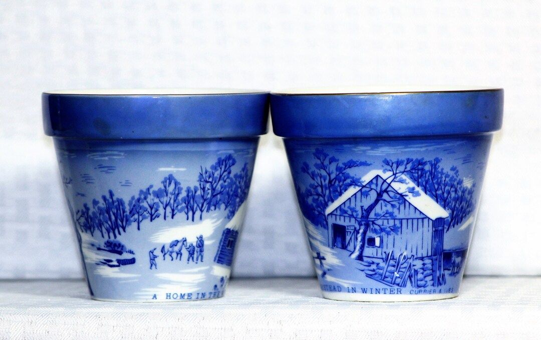 2 Blue Currier & Ives Ceramic Planters, Old Homestead in Winter, Home in The Wilderness, Made in ... | Etsy (US)