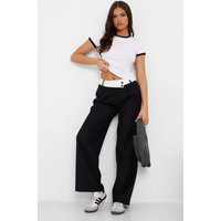 Black Fold Over Asymmetric Waistband Tailored Pants | PrettyLittleThing US