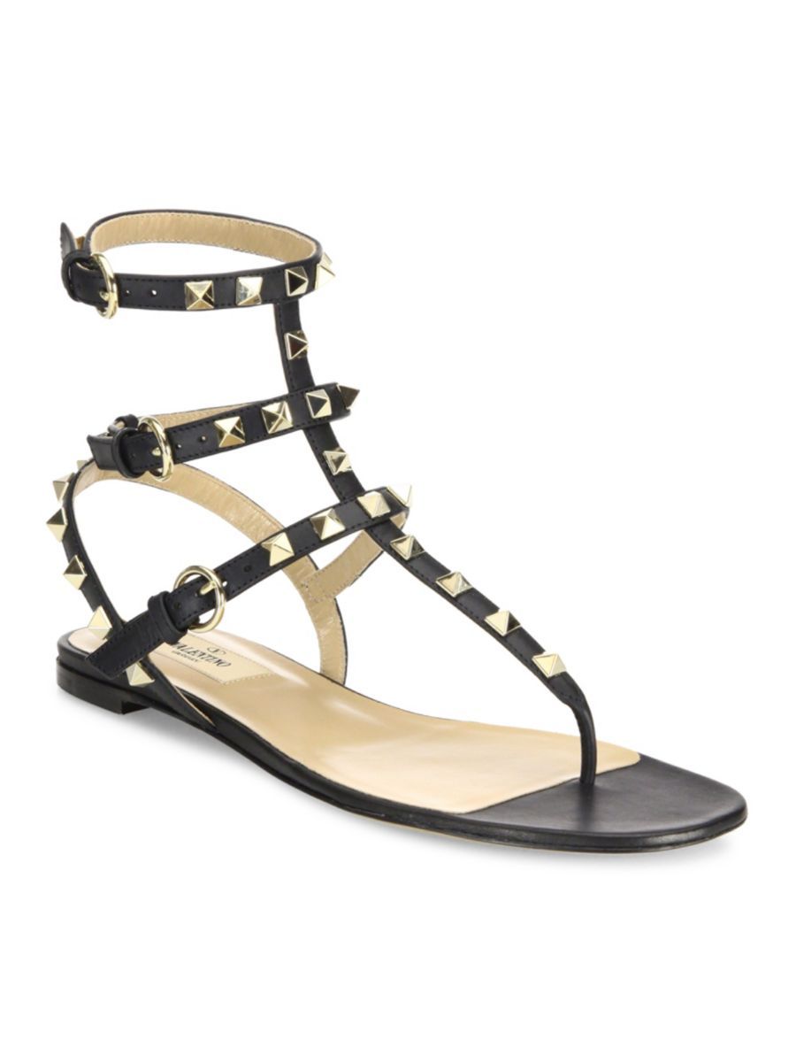Rockstud Ankle-Strap Leather Thong Sandals | Saks Fifth Avenue