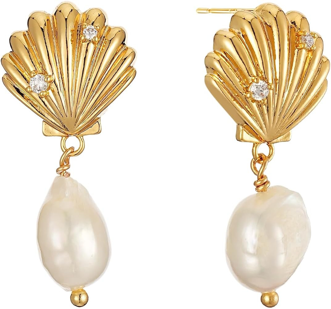 Sylph Gold Pearl Statement Earring for Women Trendy 18K Gold Plated Pearl Drop Dangle Earrings 925 Sterling Silver Freshwater Drop Dangle Earring Cute Heart Love Earring Wedding Party Birthday Jewelry | Amazon (US)