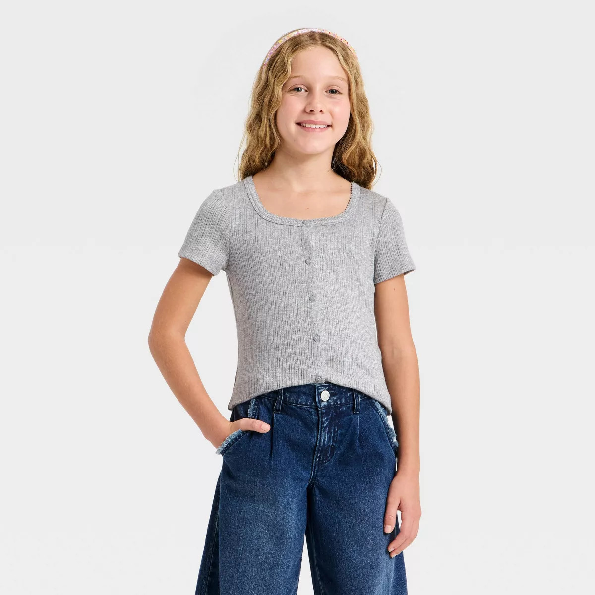 Girls' Button Ribbed T-Shirt - Cat & Jack™ Gray S | Target