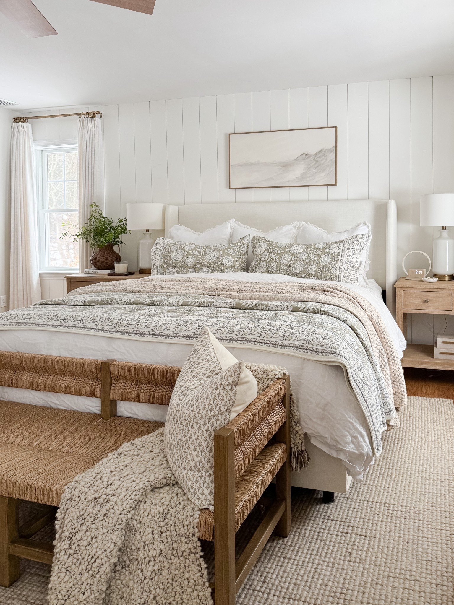 Amazon Neutral coastal bedroom with gingham bedding, layered throw blankets, textured knit coverlet, and soft patterned pillows. Light wood nightstands and white table lamps create a calm, layered spring bedroom look. 
Spring bedding, neutral bedroom decor, layered bedding, spring bedding, coastal bedroom, throw blanket, knit coverlet, patterned pillows, light wood nightstands, white table lamps, cozy bedroom, serene bedroom style, sherri calnan home

#LTKHome