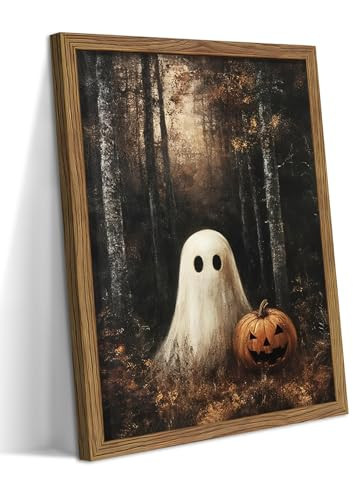 Framed Halloween Ghost Wall Art, Vintage Cute Ghost Pumpkin Canvas Wall Decor, Dark Academia Aesthetic Paintings, Gothic Spooky Fall Forest Posters Prints Pictures for Living Room Bedroom 12x16 Inch | Amazon (US)