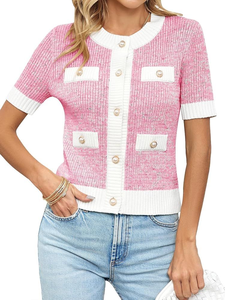 Womens Cropped Short Sleeve Cardigan Sweaters Crew Neck Button Down Tweed Cardigans Knitwear Tops... | Amazon (US)