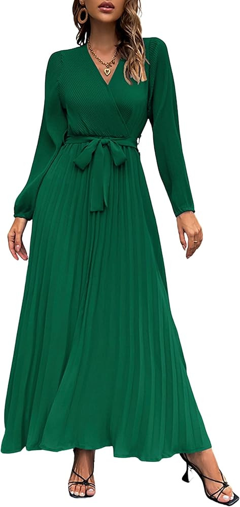 Mansy Women's Elegant Wrap V Neck Lantern Sleeve Bulted Pleated Flowy Maxi Long Dress | Amazon (US)