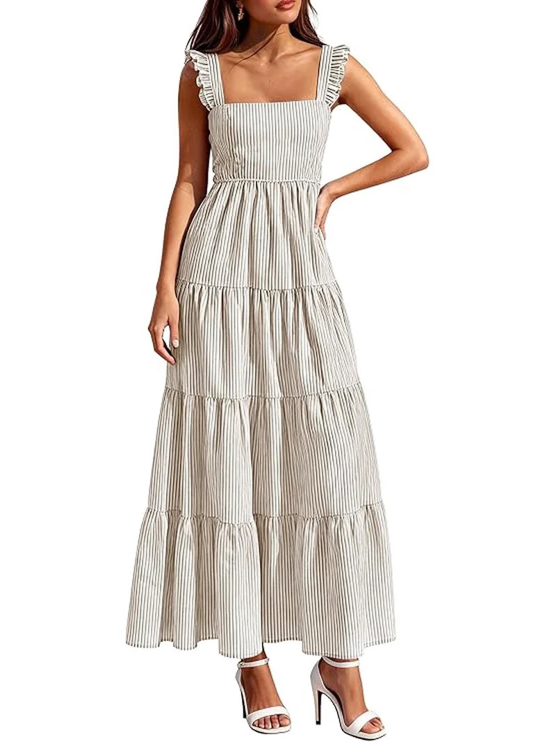 PRETTYGARDEN Womens Summer Casual Maxi Dresses Striped Square Neck Sleeveless Boho Flowy Sundress... | Walmart (US)