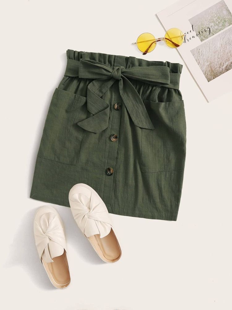 SHEIN Belted Paperbag Waist Mini Skirt | SHEIN