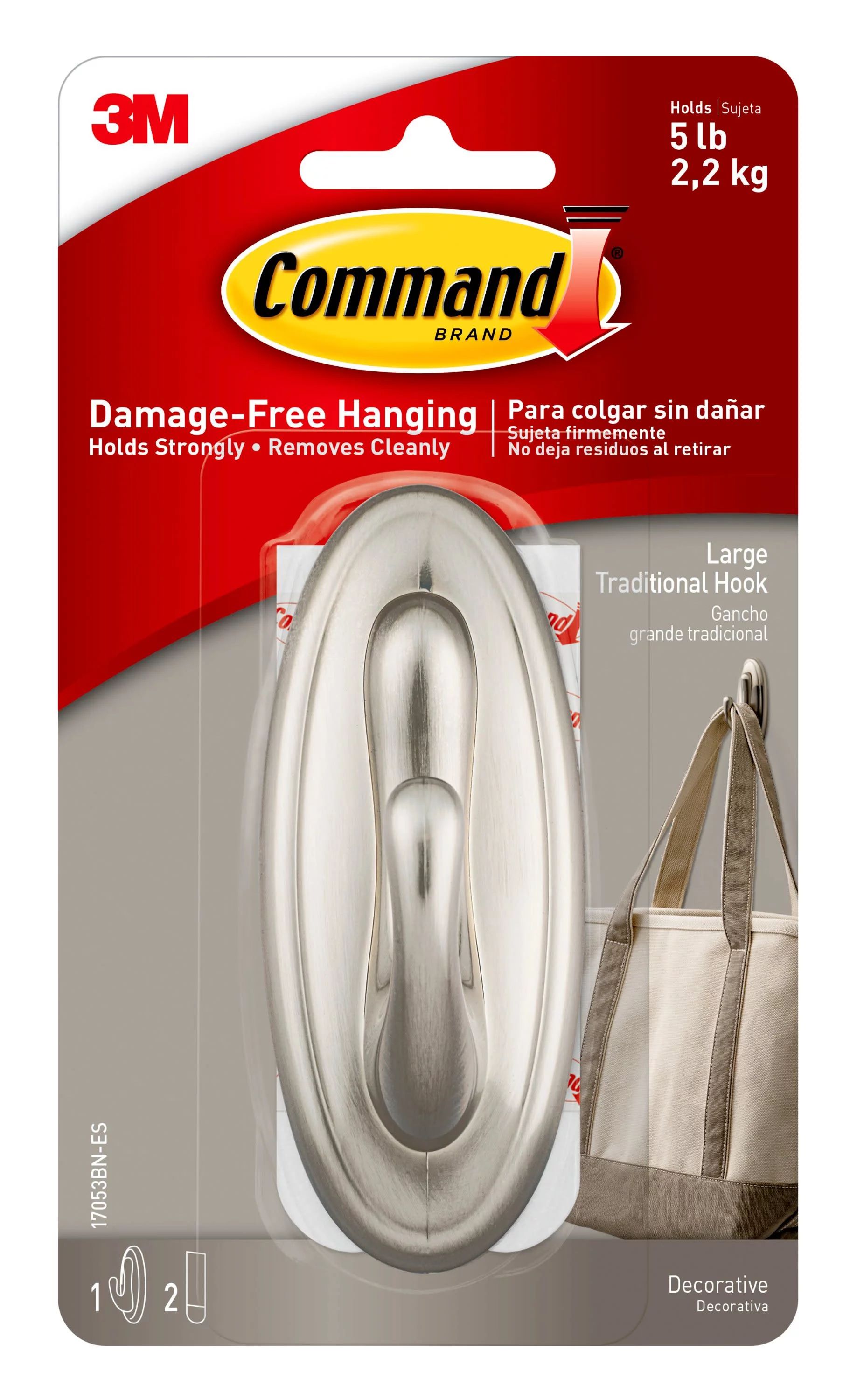Command Large Traditional Hook, Brushed Nickel, Damage Free Hanging of Christmas Décor, 1 Wall H... | Walmart (US)
