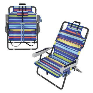 Folding Portable Metal Beach Chair with Removable Pillow and 5-Position Adjustable Backrest in Multi-Color Stripe | The Home Depot