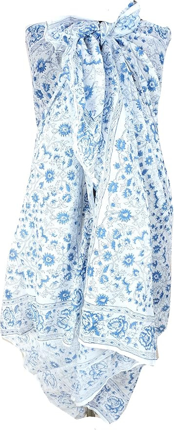 Hand block floral print cotton scarf beach sarongs soft voile summer pario (blue, 44x74) at Amazo... | Amazon (US)