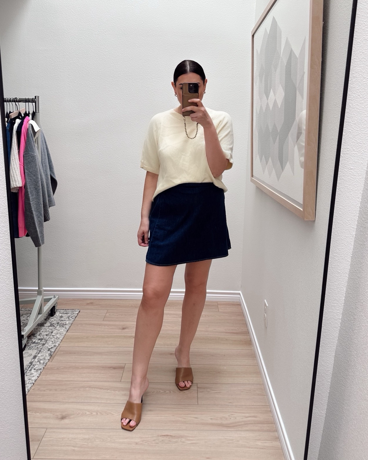 I am in the large of the skirt BUT I would take a medium for a better fit. It's a looser fit and a great length! Lightweight chambray, very easy to wear for spring. It is not as fitted on me as it is on the model.

I'm in the large of the Gap CashSoft sweater, loose but perfect fit! TTS overall. 

I'm in the large of the peplum, it runs loose / relaxed. Size down if in between sizes. 100% cotton.  

 