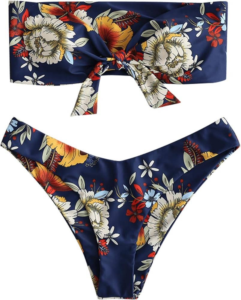 ZAFUL Knotted Bandeau Bikini for Women Strapless Swimsuits High Cut Bathing Suit Sexy Cheeky Tie ... | Amazon (US)