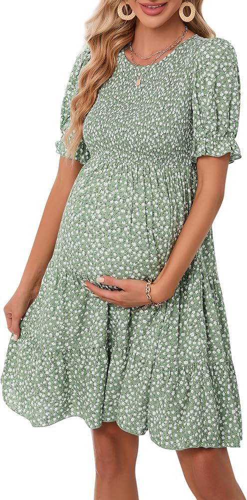 Maternity Dress Summer Women Smocked Crew Neck Puff Sleeve Pregnancy Baby Shower Photoshoot Dress | Amazon (US)