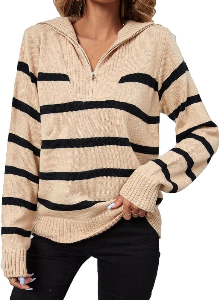 Tunic Sweaters for Women,Striped Shirt Women Knitted Top Womens Long Sleeve Tee Shirt Zip Tops V ... | Amazon (US)