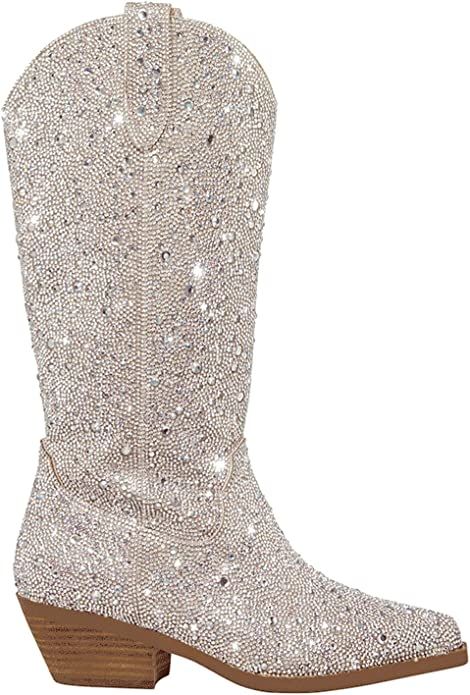 Atuelang Women's Rhinestone Cowboy Boots Sparkly Knee High Boots Fashion Pointed Toe Block Heel M... | Amazon (US)