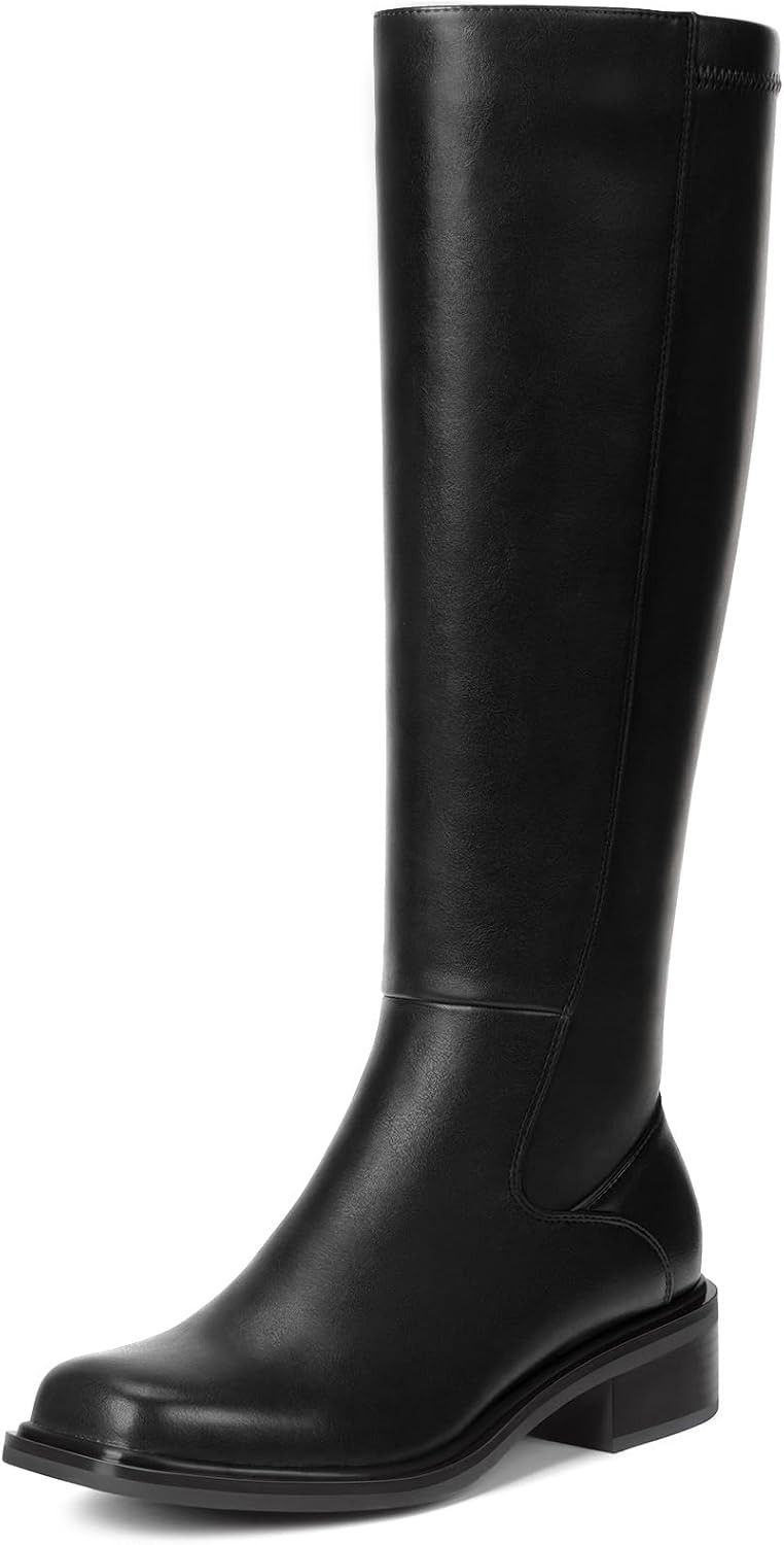 Knee High Boots for Women - Low Heel Square Toe Tall Boots with Side Zipper, Comfortable Long Flat Boots for All-day Wear Spring Fall | Amazon (US)