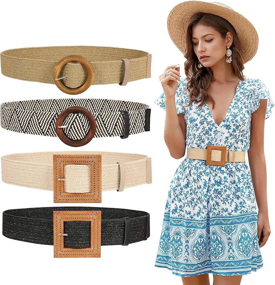 JASGOOD Straw Woven Elastic Stretch Belt for Women, Fashion Skinny Dress Boho Belt with Wooden St... | Amazon (US)