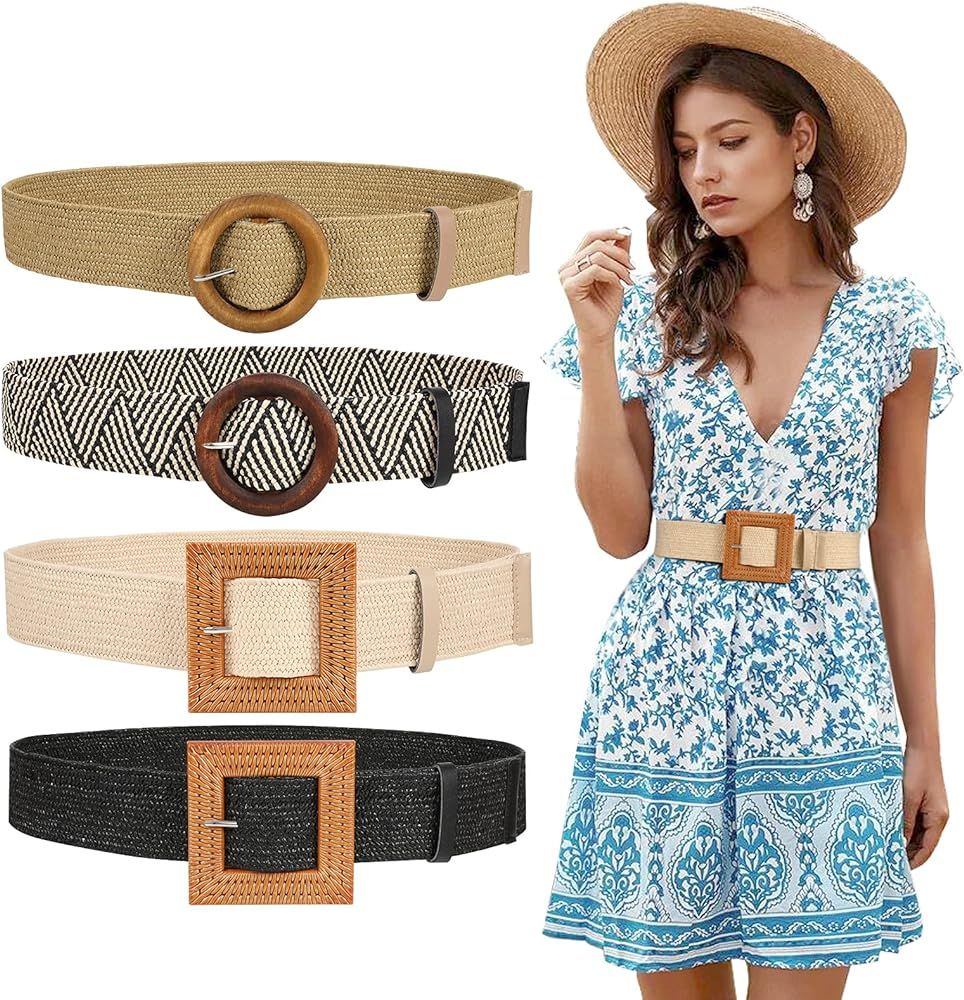 JASGOOD Straw Woven Elastic Stretch Belt for Women, Fashion Skinny Dress Boho Belt with Wooden St... | Amazon (US)