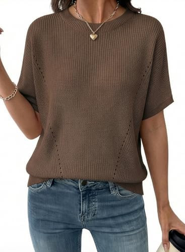 Dokotoo Womens Short Sleeve Sweaters Lightweight V Neck Pullover Tops | Crew Neck, Work Office Sh... | Amazon (US)