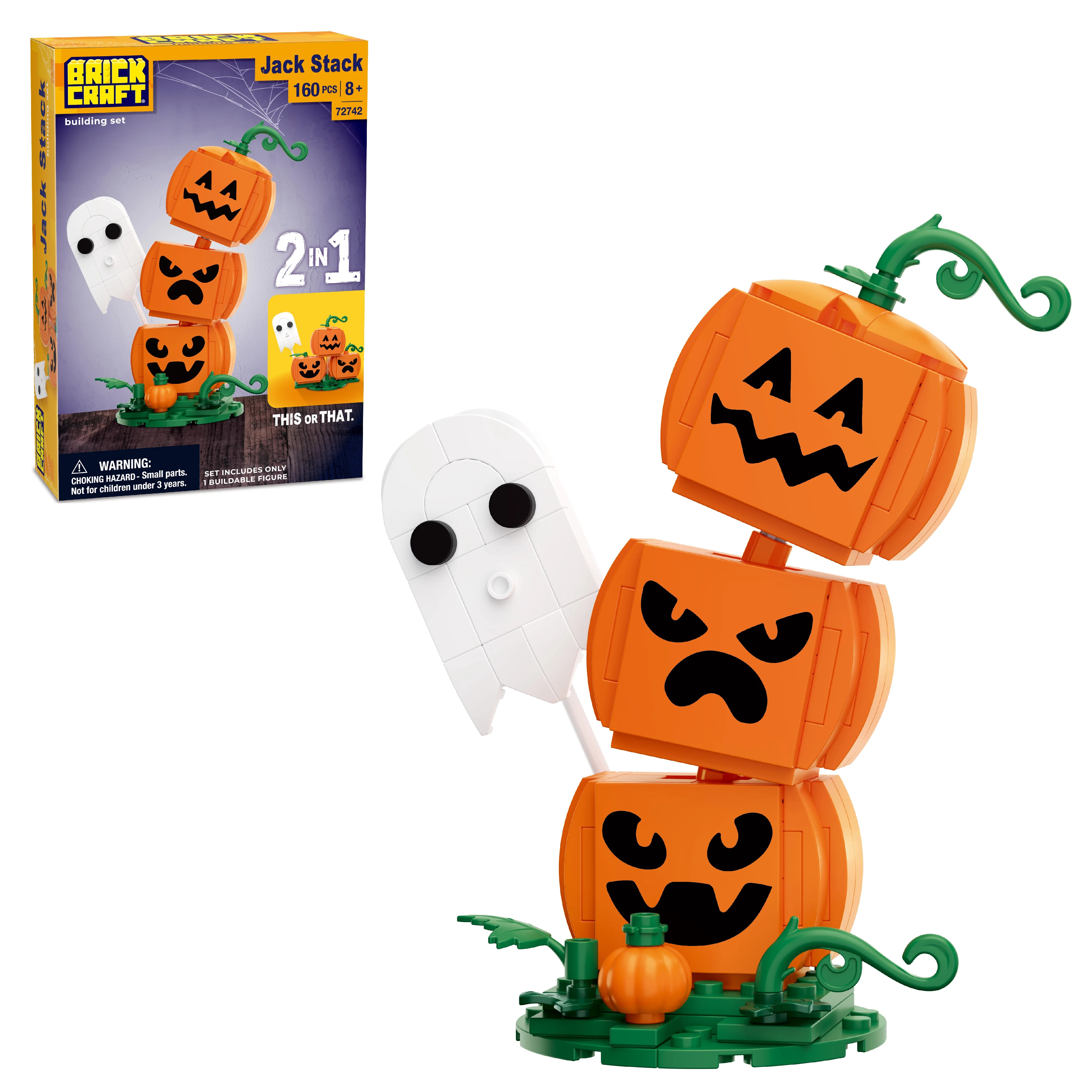Brickcraft Halloween Jack Stack Building Kit (160-Piece Set), 2-in-1 Jack-o'-Lantern Tower, Printed-Face Pumpkin Decor Collectible, Gift for Halloween Fans Ages 8+ | Walmart (US)