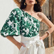 Allover Plants Print One Shoulder Top | SHEIN