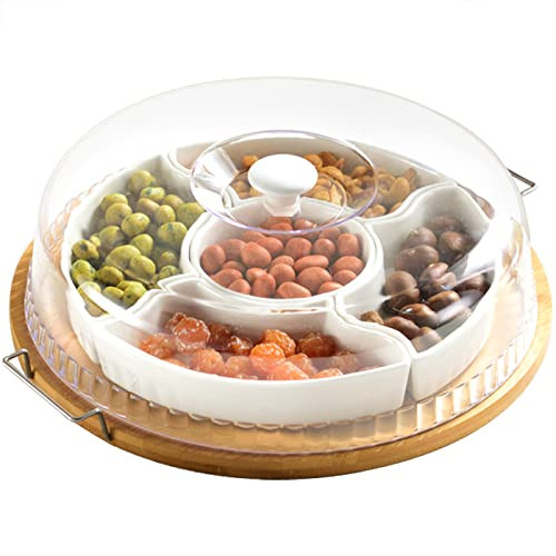 yarlung Ceramic Divided Serving Dishes Platter with Clear Lid, 11 Inch Bamboo Appetizer Tray with Handles 5 Removable Snacks Bowls Relish Tray for Candy and Nut, Chips and Dips, Veggies | Amazon (US)