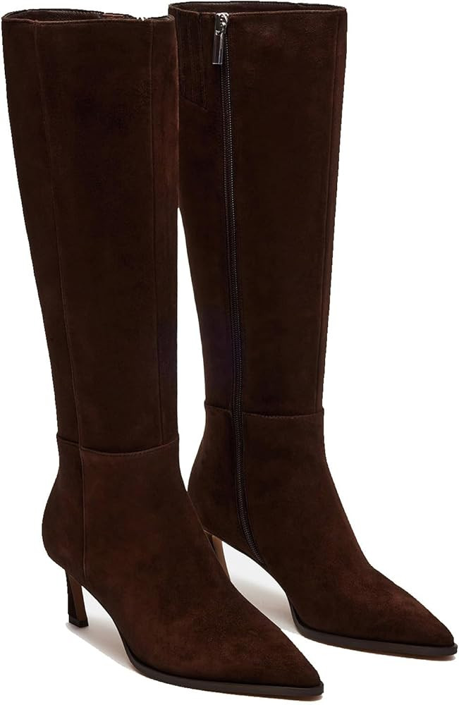 MICIFA Burgundy Kitten Heel Knee High Boots for Women Side Zipper Tall Leather Boots Pointed Toe ... | Amazon (US)