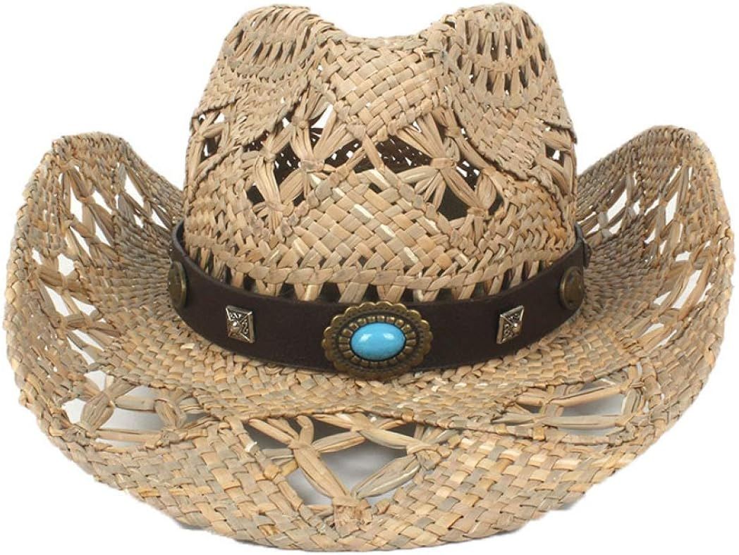 Straw Western Cowboy Cowgirl Hat Summer Beach Sunhat Outback Hat with Vintage Band | Amazon (US)