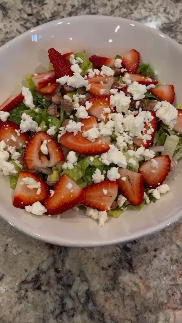 Strawberry Chicken Salad 

1 head chopped Romaine lettuce
2-3 cups chopped spinach 
2+tbsp Brianna’s poppy seed dressing
1+tbsp Ken’s simply Greek dressing
1/4 cup thinly sliced red onion 
1/4 cup chopped glazed pecans (or any glazed/candied nut) 
Sliced ripe strawberries 
2 tbsp freshly crumbled feta cheese 
Grilled chicken (i marinated mine in the Ken’s simply Greek dressing and pounded it to an even thickness before grilling @395 for 7 min on each side) 
Freshly cracked pepper to taste 

Combine your lettuce/onions/ dressing & toss well then layer the rest of the ingredients and enjoy! (Dried cranberries are delicious on this as well)

#LTKSeasonal #LTKfamily #LTKfindsunder50