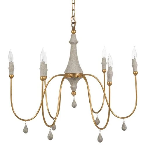 Clay French Country Distressed Vintage Gold Iron Column Chandelier - Small | Kathy Kuo Home